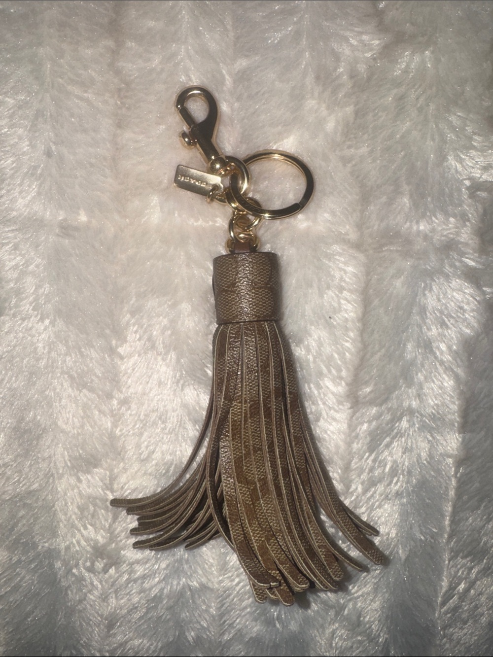 Coach Tan Leather Tassel Keyring with Gold Hardware